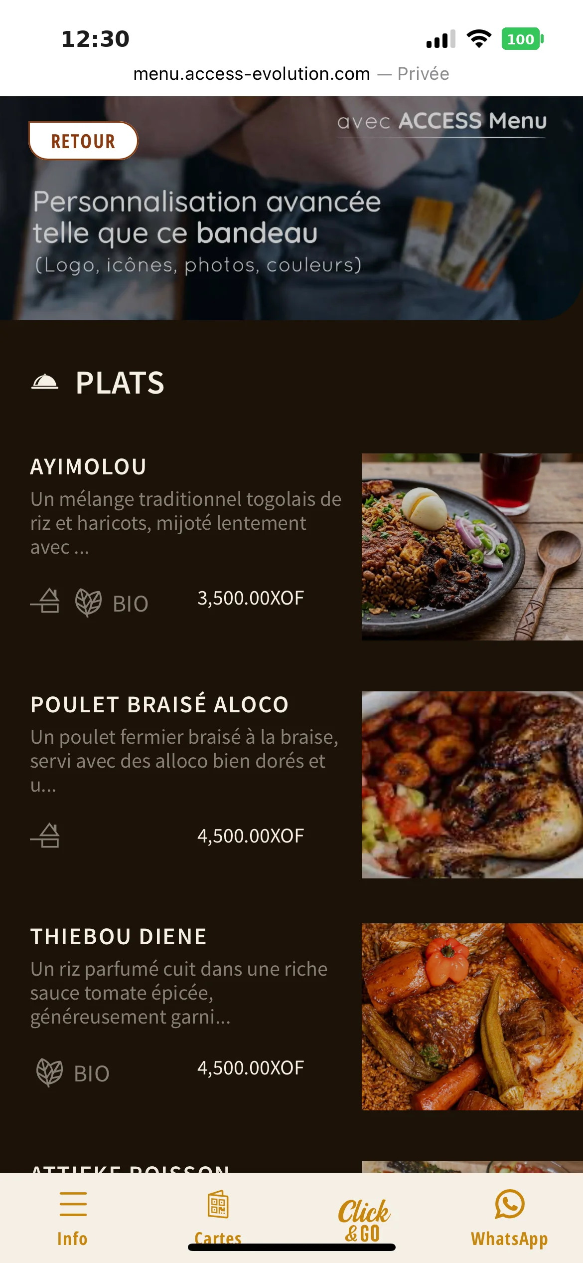 Écran ACCESS Menu — accueil avec familles de produits